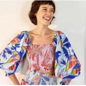 Farm Rio Women's XS Mixed Color Birds Crop Top Multi Smocked NEW